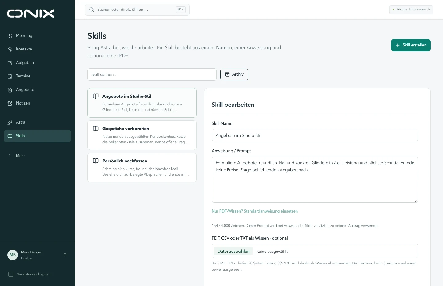 ONIX KI-Unterstützung & eigene Skills mit ausschließlich erfundenen Beispieldaten aus Studio Nordlicht