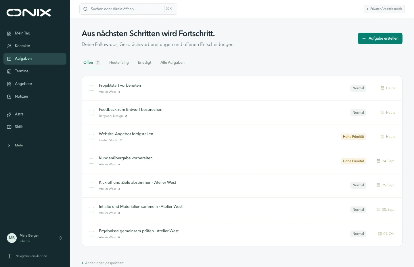 ONIX Mein Tag & Aufgaben mit ausschließlich erfundenen Beispieldaten aus Studio Nordlicht